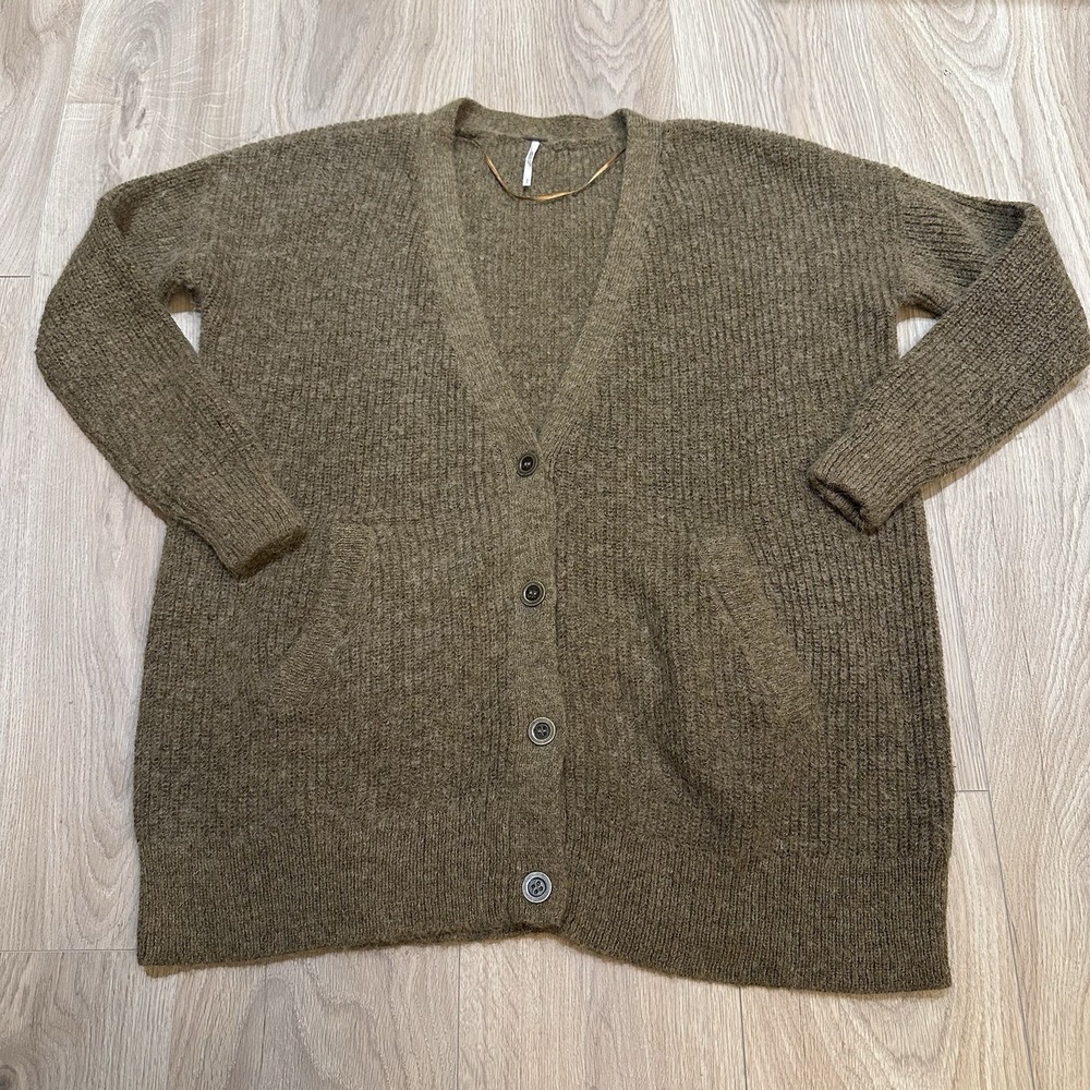 Free People Alpaca Cardigan Womens Small Brown Mohair Pockets Buttons Oversized